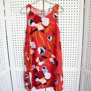 Sigrid Olsen Red Floral Sleeveless 100% Linen Shift Dress W/ Pockets SIZE L